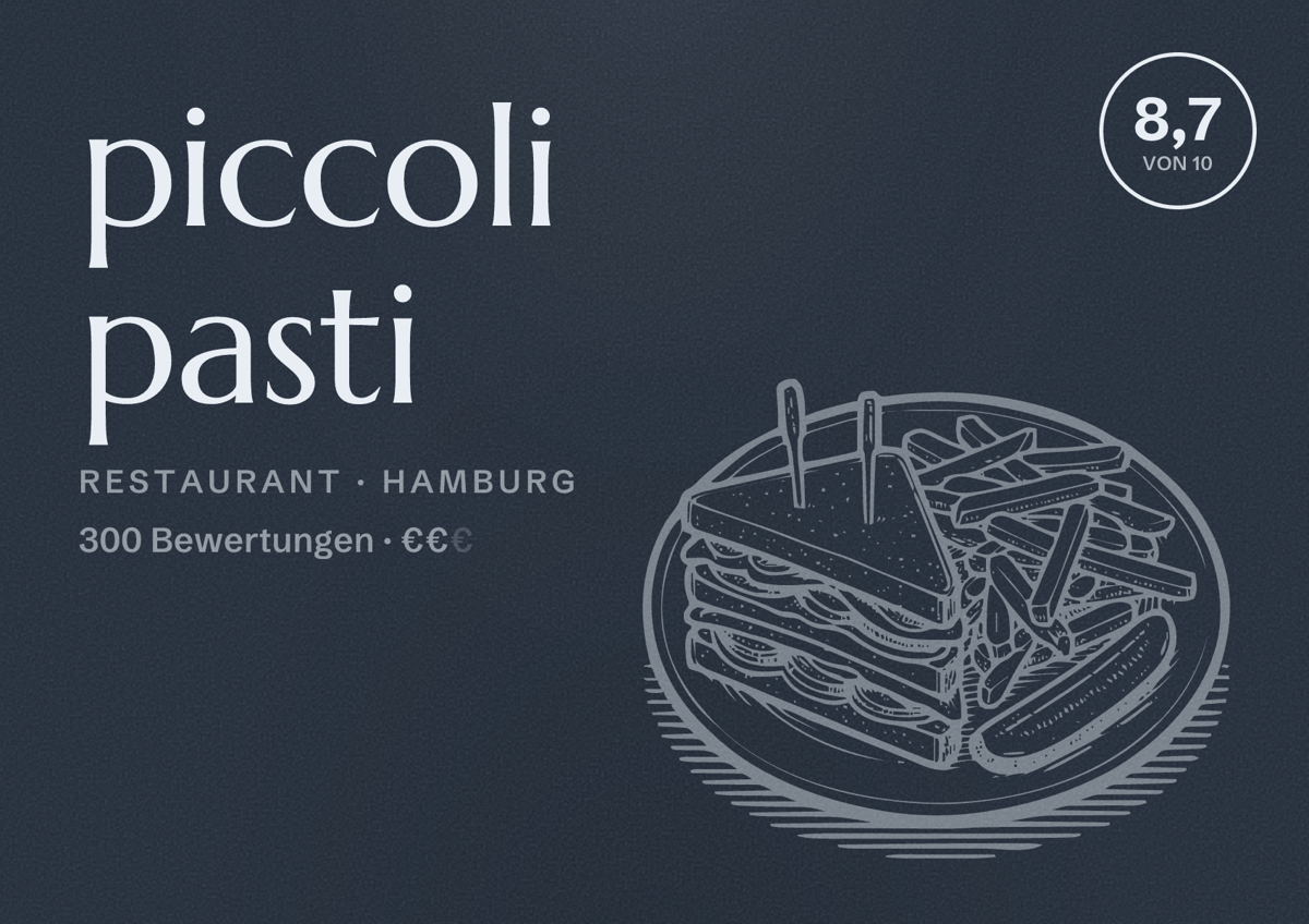 Illustriertes Poster von piccoli pasti, Restaurant in Hamburg: Bewertung 8,7 von 10 aus 300 Bewertungen, Preisniveau €€