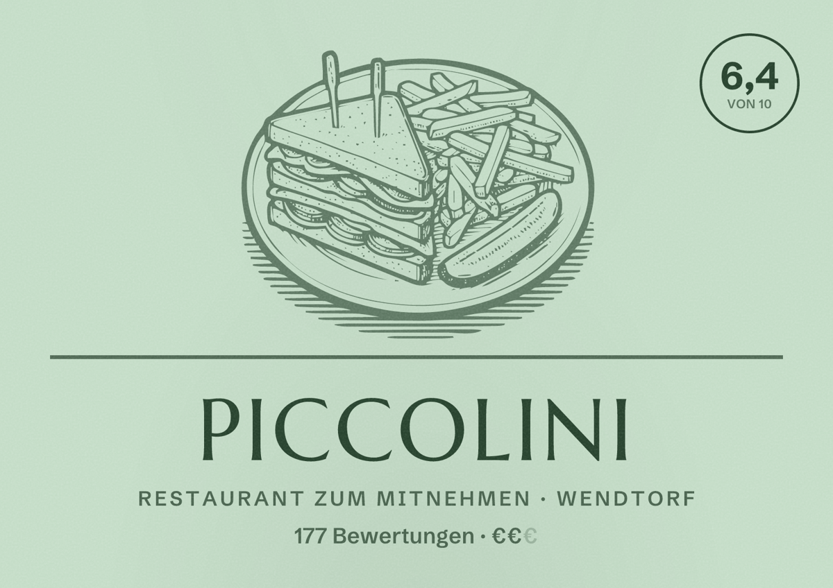 Illustriertes Poster von Piccolini, Restaurant zum Mitnehmen in Wendtorf: Bewertung 6,4 von 10 aus 177 Bewertungen, Preisniveau €€