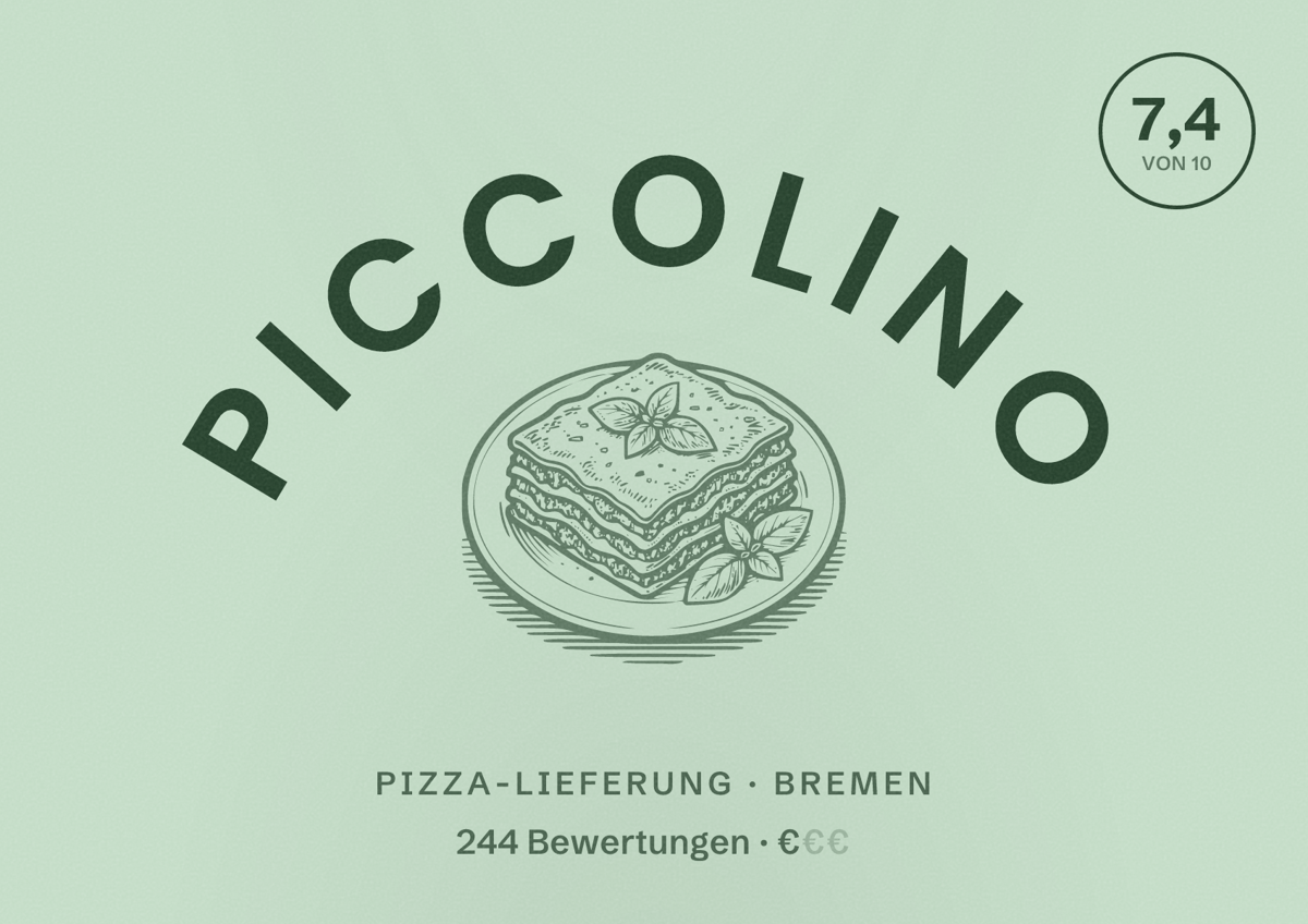 Illustriertes Poster von Piccolino, Pizza-Lieferung in Bremen: Bewertung 7,4 von 10 aus 244 Bewertungen, Preisniveau €