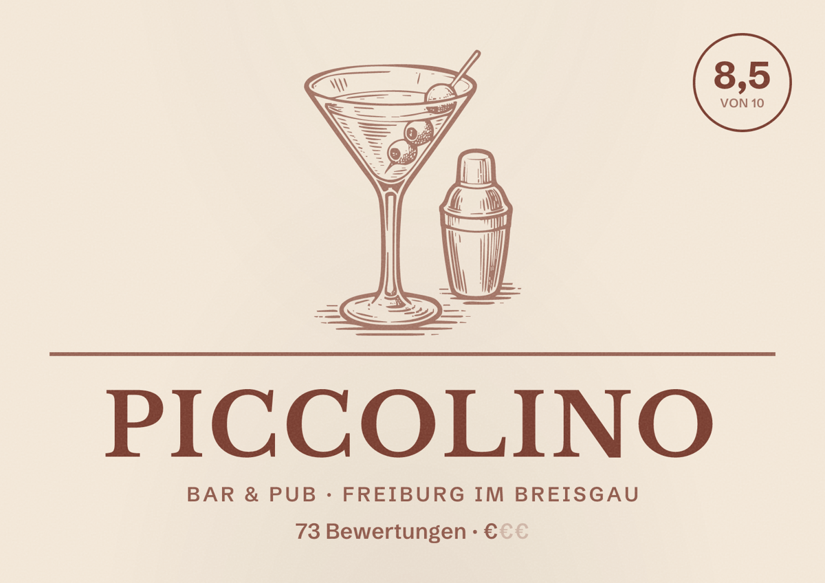 Illustriertes Poster von Piccolino, Bar & Pub in Freiburg im Breisgau: Bewertung 8,5 von 10 aus 73 Bewertungen, Preisniveau €