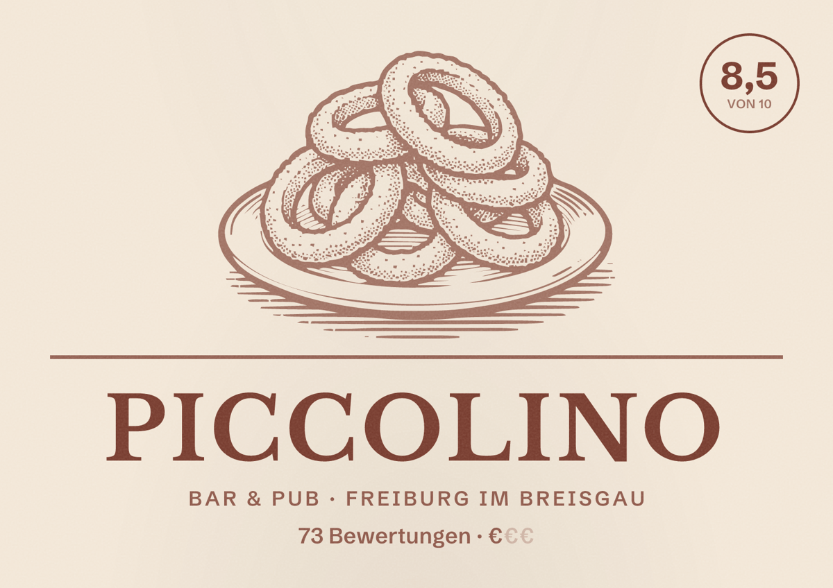 Illustriertes Poster von Piccolino, Bar & Pub in Freiburg im Breisgau: Bewertung 8,5 von 10 aus 73 Bewertungen, Preisniveau €