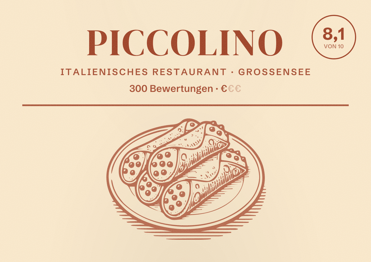 Illustriertes Poster von Piccolino, Italienisches Restaurant in Großensee: Bewertung 8,1 von 10 aus 300 Bewertungen, Preisniveau €