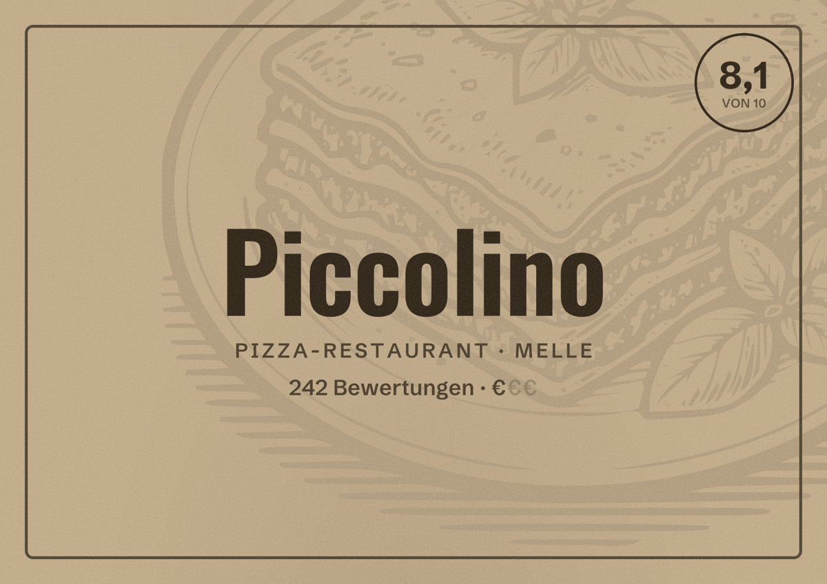 Illustriertes Poster von Piccolino, Pizza-Restaurant in Melle: Bewertung 8,1 von 10 aus 242 Bewertungen, Preisniveau €