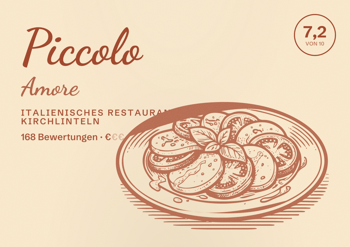 Illustriertes Poster von Piccolo Amore, Italienisches Restaurant in Kirchlinteln: Bewertung 7,2 von 10 aus 168 Bewertungen, Preisniveau €