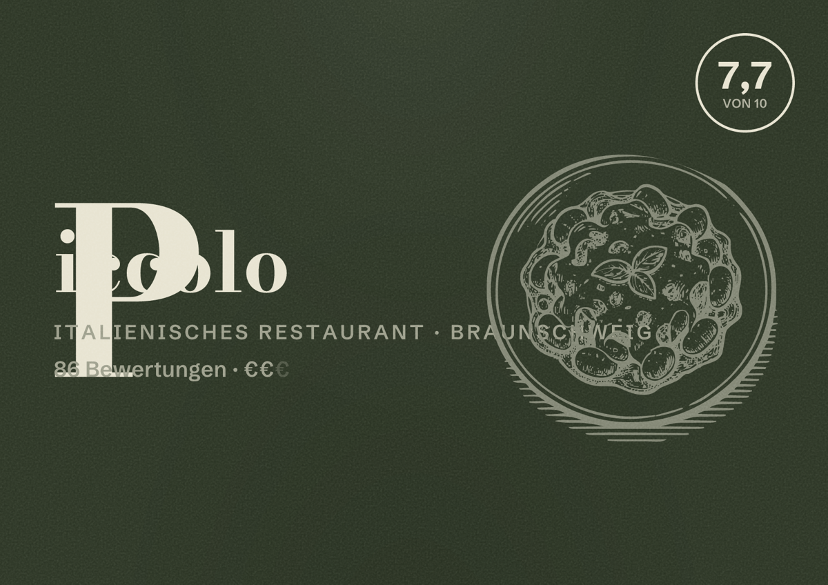 Illustriertes Poster von Piccolo, Italienisches Restaurant in Braunschweig: Bewertung 7,7 von 10 aus 86 Bewertungen, Preisniveau €€