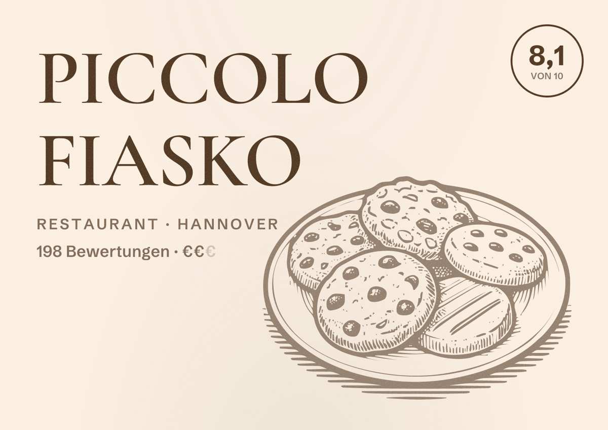 Illustriertes Poster von PICCOLO FIASKO, Restaurant in Hannover: Bewertung 8,1 von 10 aus 198 Bewertungen, Preisniveau €€