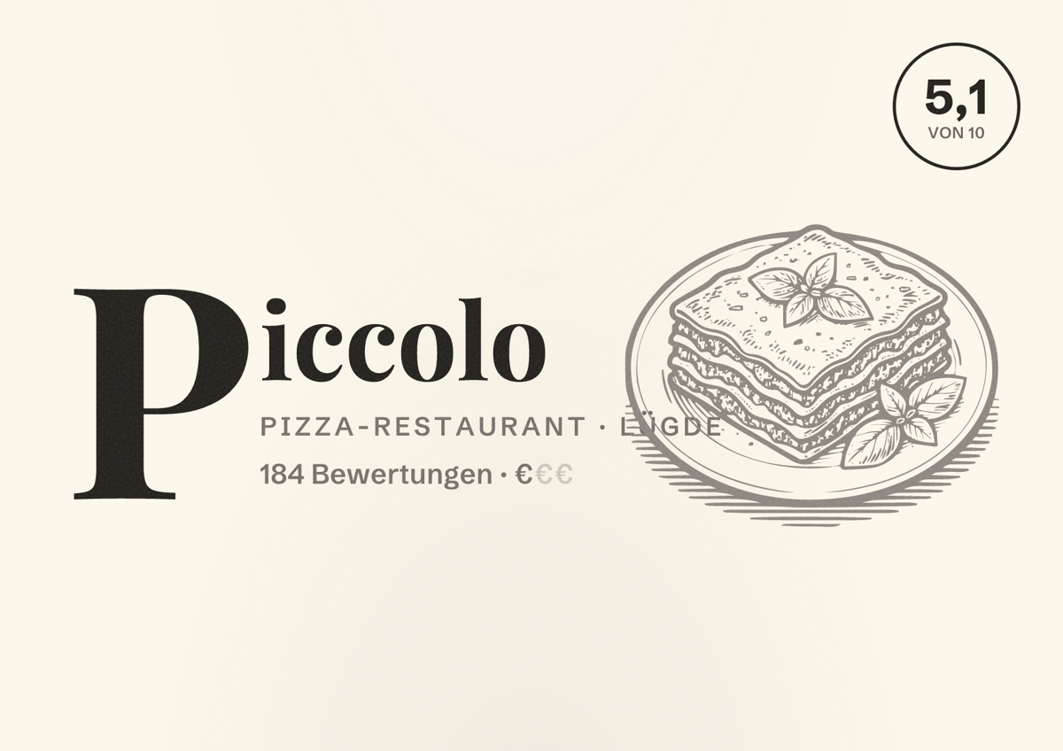 Illustriertes Poster von Piccolo, Pizza-Restaurant in Lügde: Bewertung 5,1 von 10 aus 184 Bewertungen, Preisniveau €