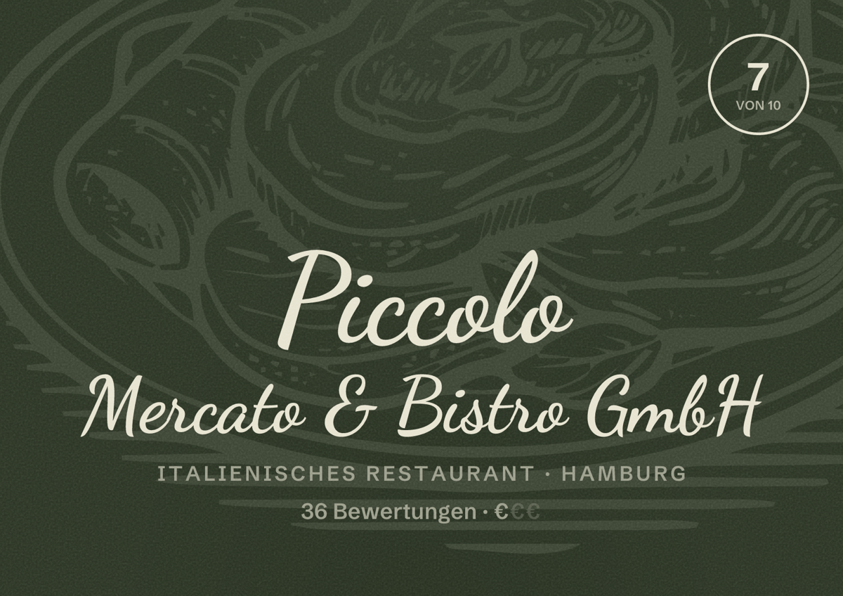 Illustriertes Poster von Piccolo Mercato & Bistro GmbH, Italienisches Restaurant in Hamburg: Bewertung 7 von 10 aus 36 Bewertungen, Preisniveau €