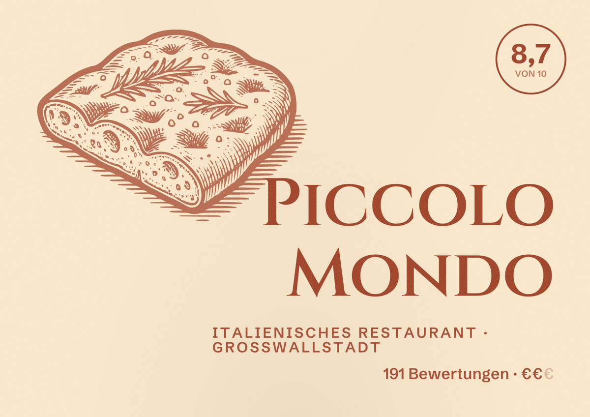 Illustriertes Poster von Piccolo Mondo, Italienisches Restaurant in Großwallstadt: Bewertung 8,7 von 10 aus 191 Bewertungen, Preisniveau €€