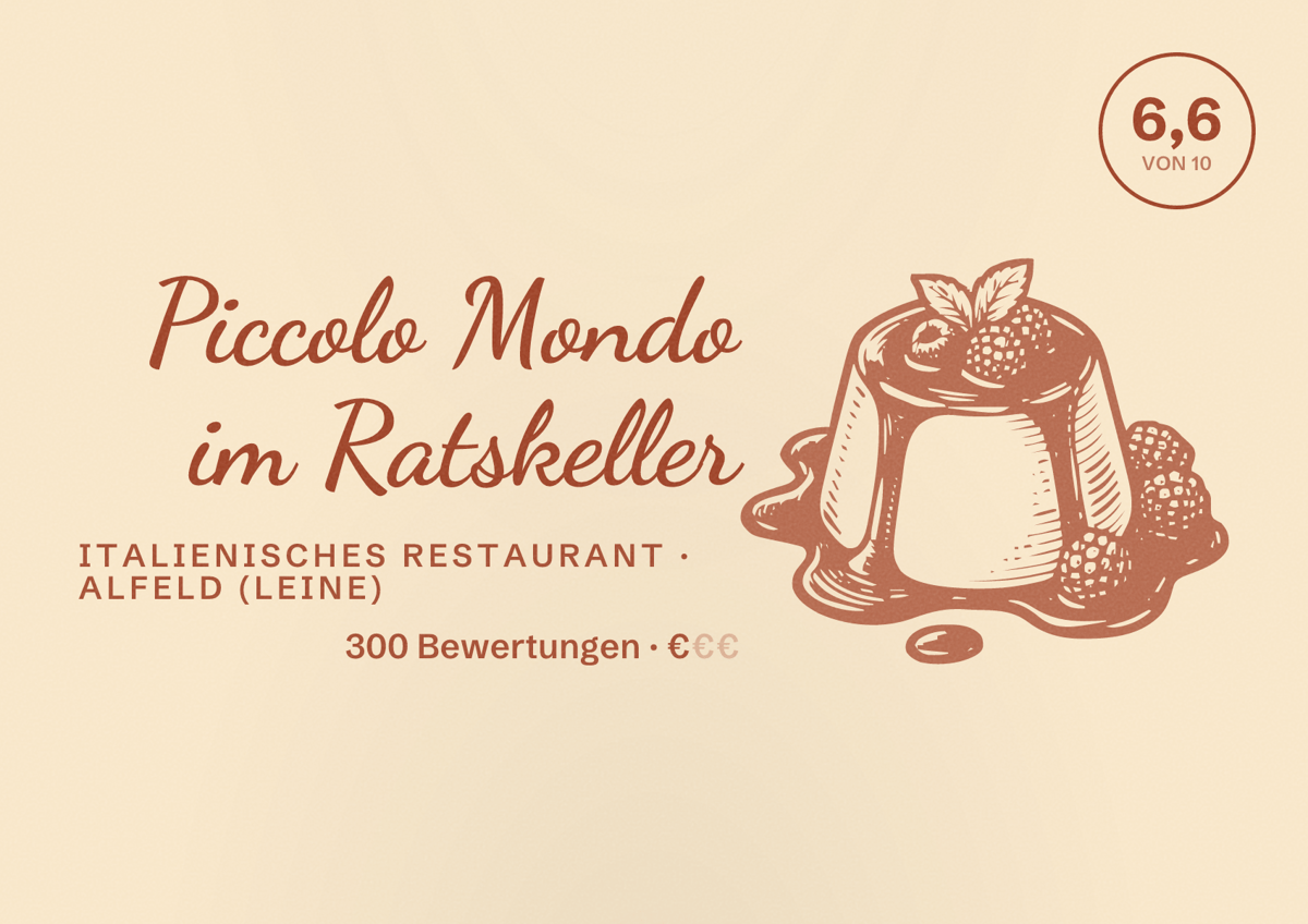 Illustriertes Poster von Piccolo Mondo im Ratskeller, Italienisches Restaurant in Alfeld (Leine): Bewertung 6,6 von 10 aus 300 Bewertungen, Preisniveau €