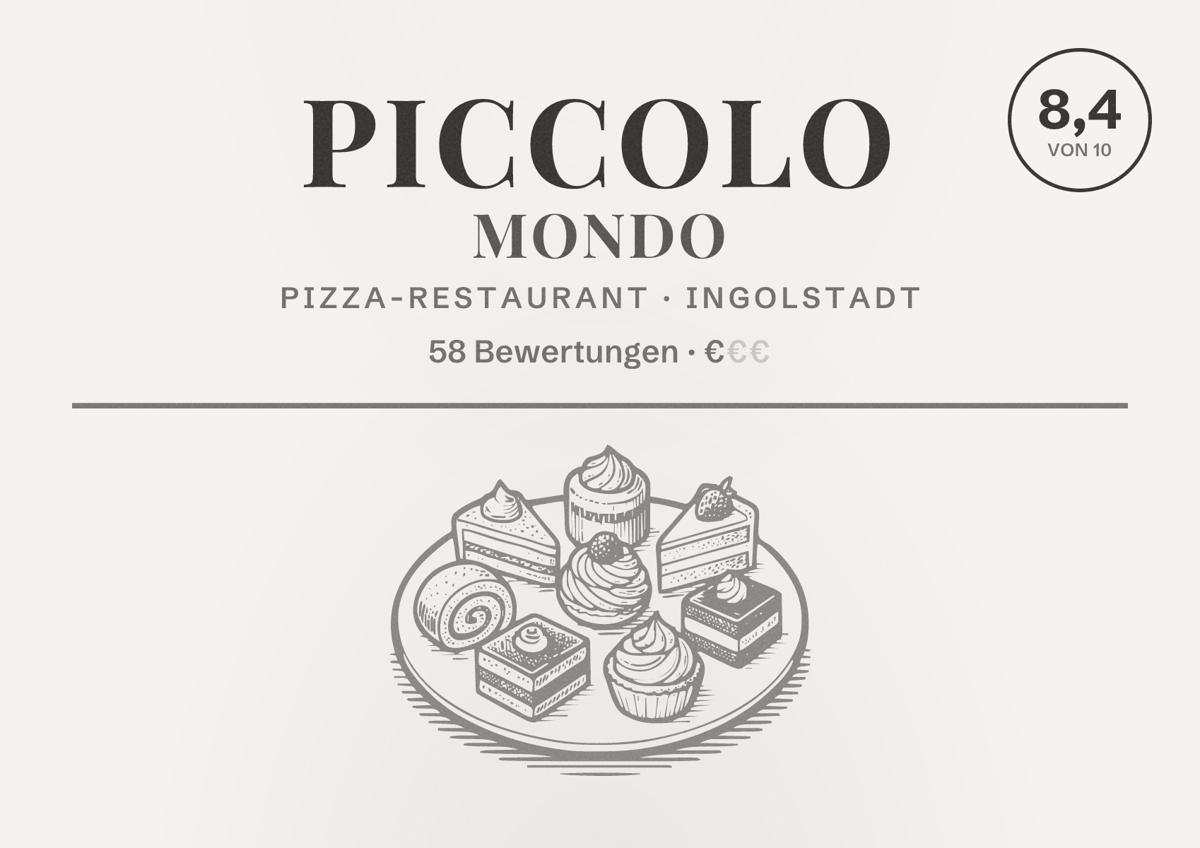 Illustriertes Poster von Piccolo Mondo, Pizza-Restaurant in Ingolstadt: Bewertung 8,4 von 10 aus 58 Bewertungen, Preisniveau €