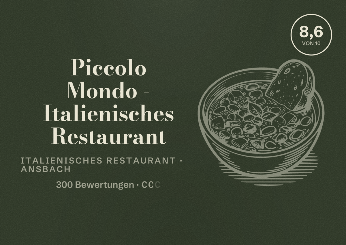 Illustriertes Poster von Piccolo Mondo - Italienisches Restaurant, Italienisches Restaurant in Ansbach: Bewertung 8,6 von 10 aus 300 Bewertungen, Preisniveau €€