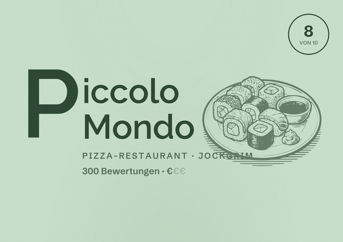 Illustriertes Poster von Piccolo Mondo, Pizza-Restaurant in Jockgrim: Bewertung 8 von 10 aus 300 Bewertungen, Preisniveau €