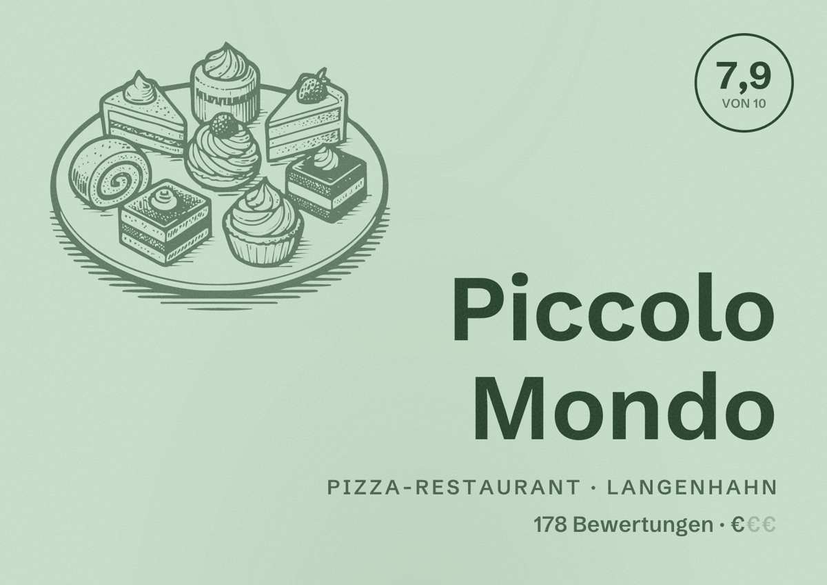 Illustriertes Poster von Piccolo Mondo, Pizza-Restaurant in Langenhahn: Bewertung 7,9 von 10 aus 178 Bewertungen, Preisniveau €