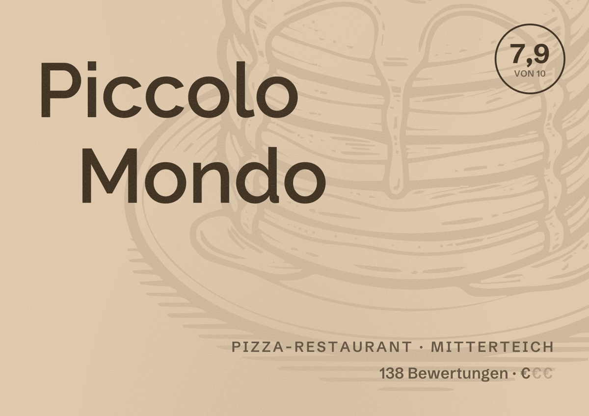 Illustriertes Poster von Piccolo Mondo, Pizza-Restaurant in Mitterteich: Bewertung 7,9 von 10 aus 138 Bewertungen, Preisniveau €