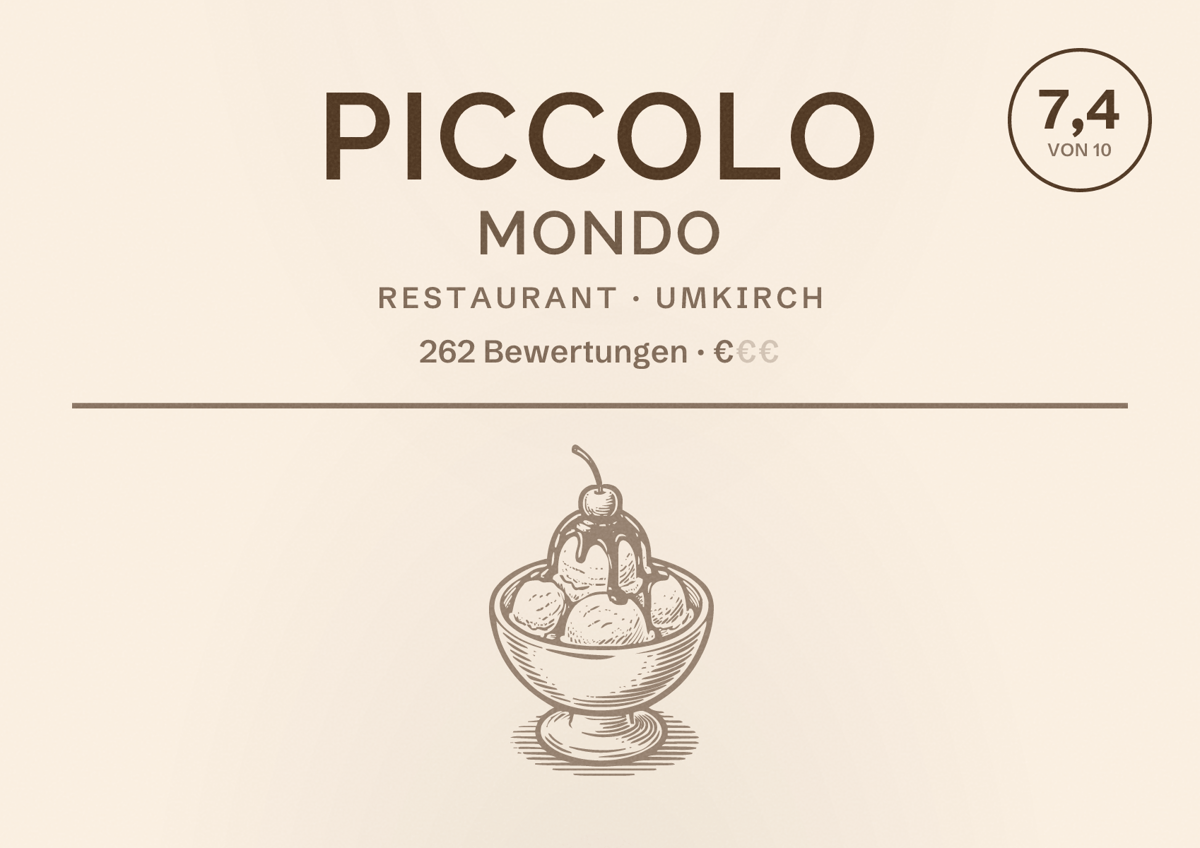 Illustriertes Poster von Piccolo Mondo, Restaurant in Umkirch: Bewertung 7,4 von 10 aus 262 Bewertungen, Preisniveau €