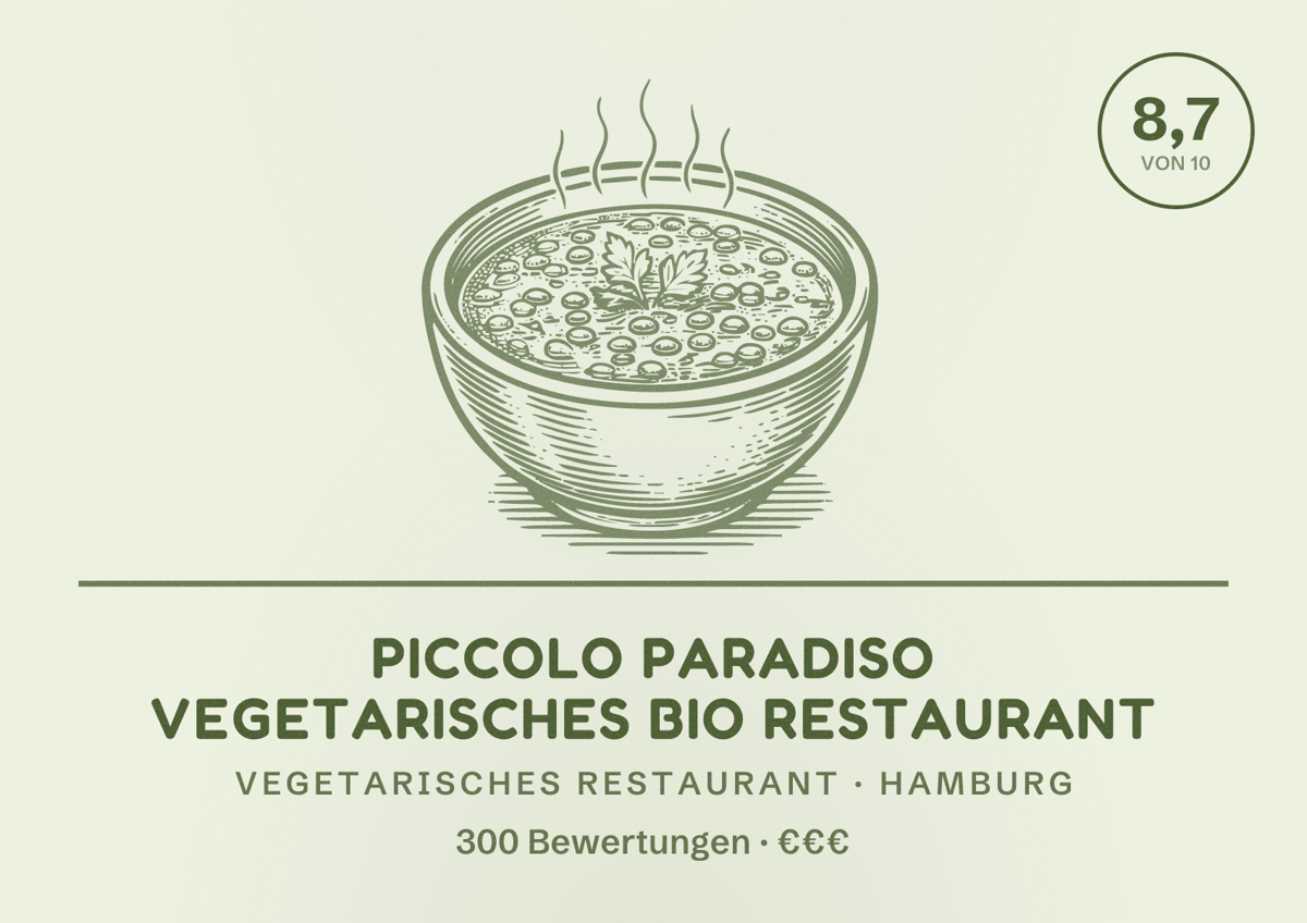 Illustriertes Poster von Piccolo Paradiso Vegetarisches Bio Restaurant, Vegetarisches Restaurant in Hamburg: Bewertung 8,7 von 10 aus 300 Bewertungen, Preisniveau €€€