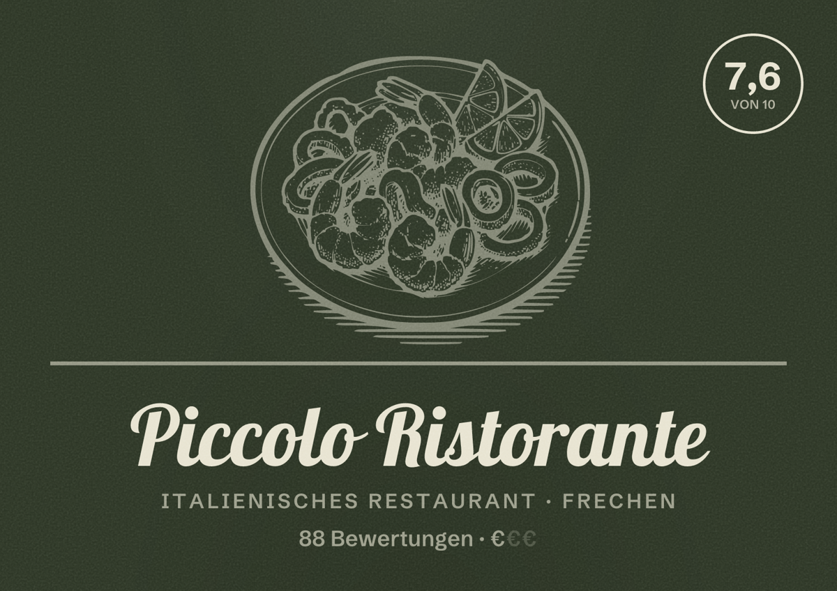 Illustriertes Poster von Piccolo Ristorante, Italienisches Restaurant in Frechen: Bewertung 7,6 von 10 aus 88 Bewertungen, Preisniveau €