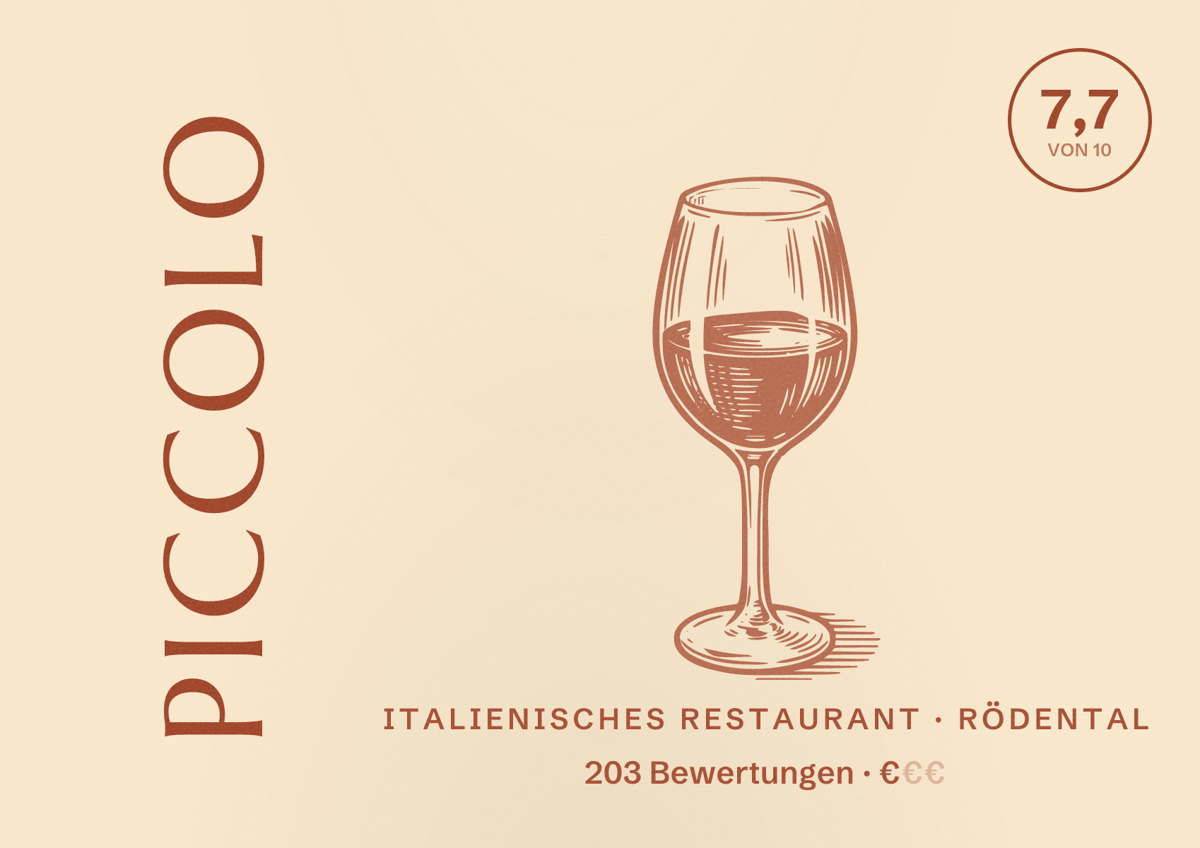 Illustriertes Poster von Piccolo, Italienisches Restaurant in Rödental: Bewertung 7,7 von 10 aus 203 Bewertungen, Preisniveau €