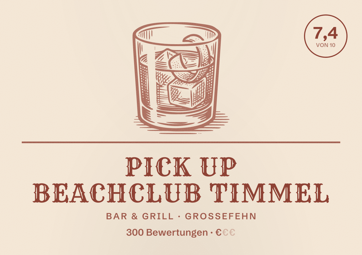 Illustriertes Poster von Pick Up Beachclub Timmel, Bar & Grill in Großefehn: Bewertung 7,4 von 10 aus 300 Bewertungen, Preisniveau €