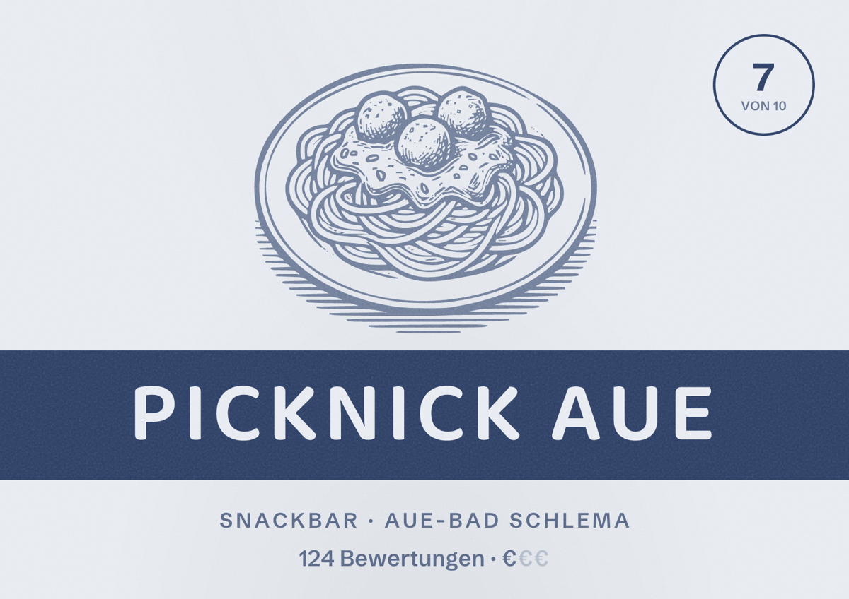 Illustriertes Poster von Picknick Aue, Snackbar in Aue-Bad Schlema: Bewertung 7 von 10 aus 124 Bewertungen, Preisniveau €