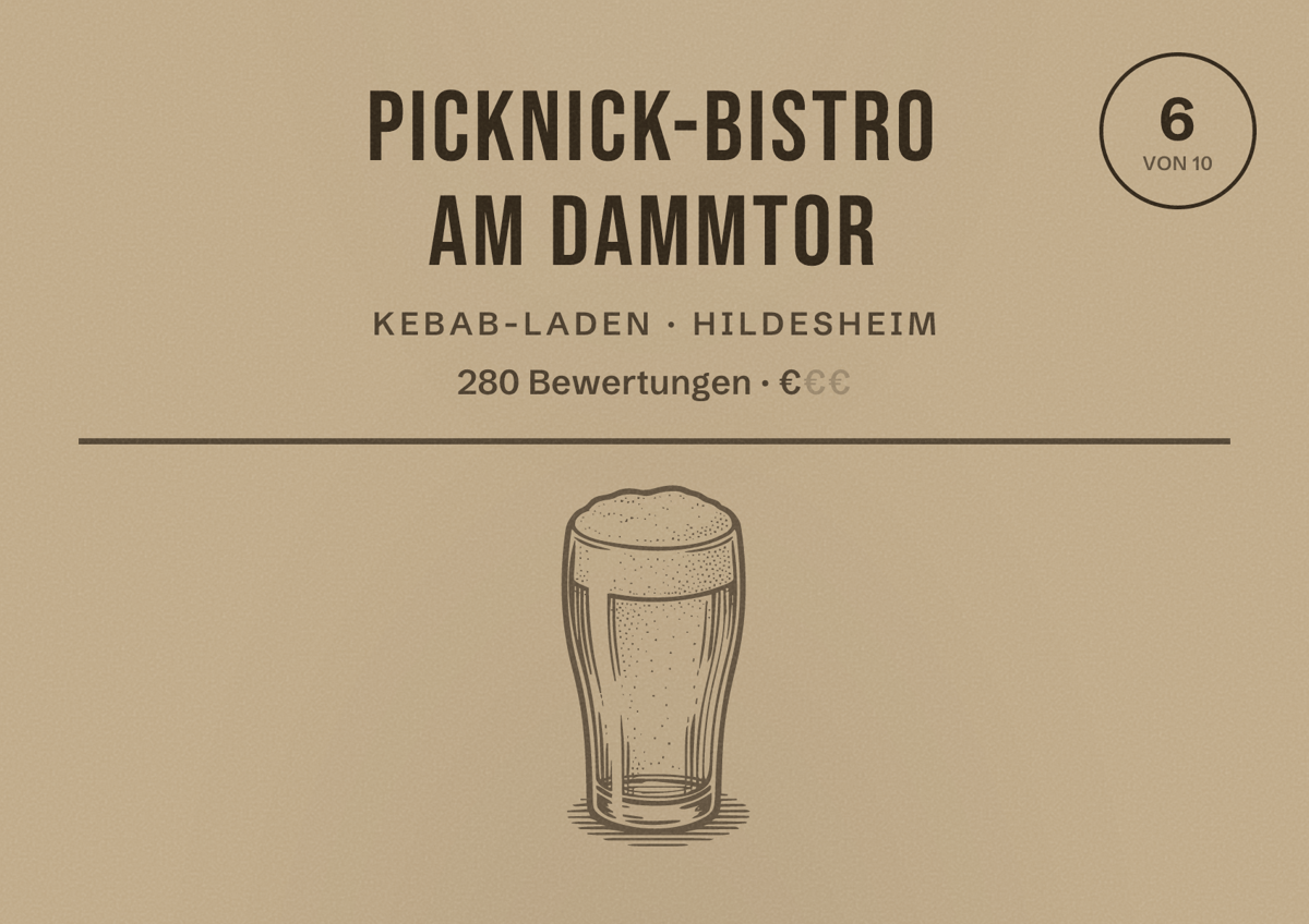 Illustriertes Poster von Picknick-Bistro am Dammtor, Kebab-Laden in Hildesheim: Bewertung 6 von 10 aus 280 Bewertungen, Preisniveau €