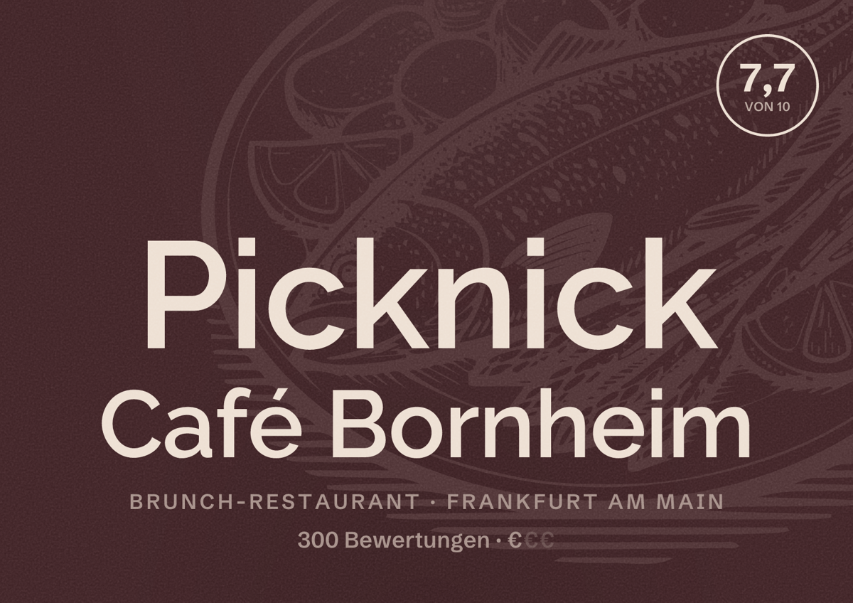 Illustriertes Poster von Picknick Café Bornheim, Brunch-Restaurant in Frankfurt am Main: Bewertung 7,7 von 10 aus 300 Bewertungen, Preisniveau €