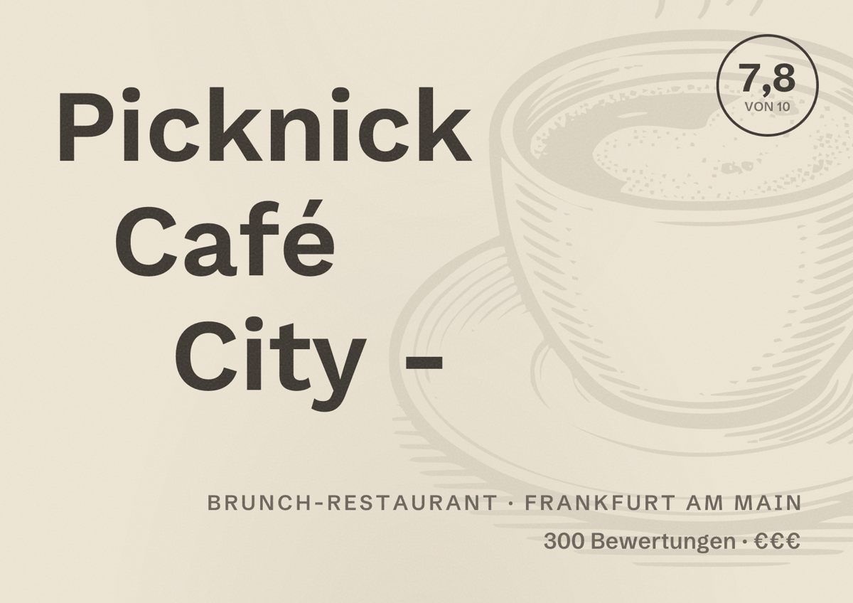Illustriertes Poster von Picknick Café City -, Brunch-Restaurant in Frankfurt am Main: Bewertung 7,8 von 10 aus 300 Bewertungen, Preisniveau €€€