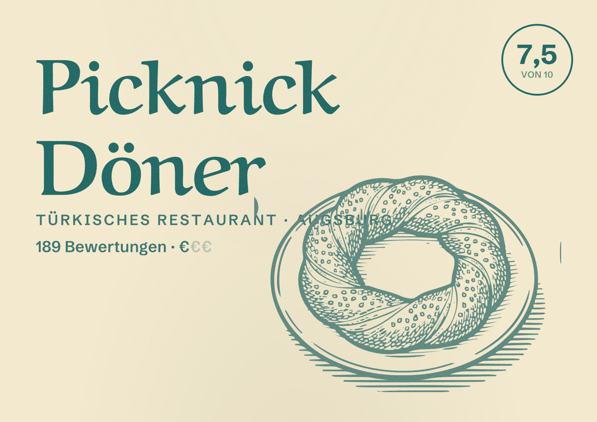 Illustriertes Poster von Picknick Döner, Türkisches Restaurant in Augsburg: Bewertung 7,5 von 10 aus 189 Bewertungen, Preisniveau €