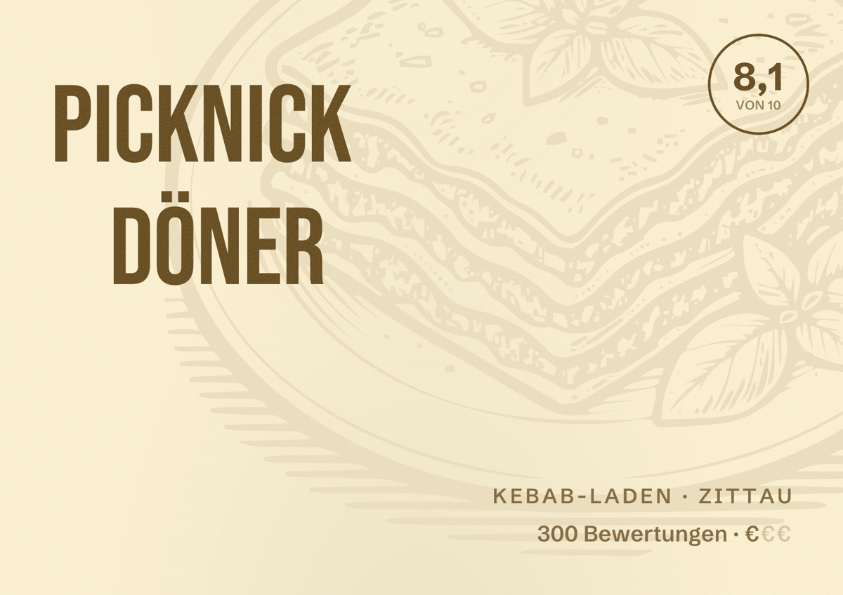 Illustriertes Poster von Picknick Döner, Kebab-Laden in Zittau: Bewertung 8,1 von 10 aus 300 Bewertungen, Preisniveau €