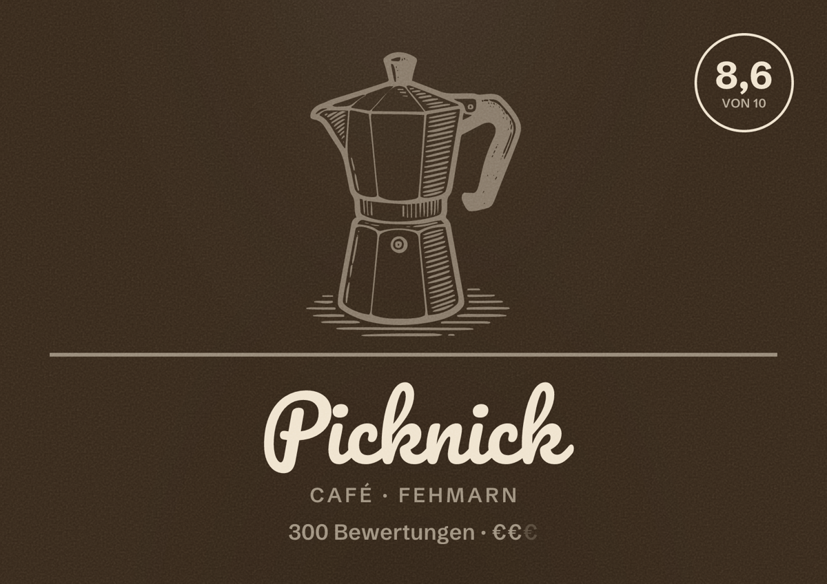 Illustriertes Poster von Picknick, Café in Fehmarn: Bewertung 8,6 von 10 aus 300 Bewertungen, Preisniveau €€