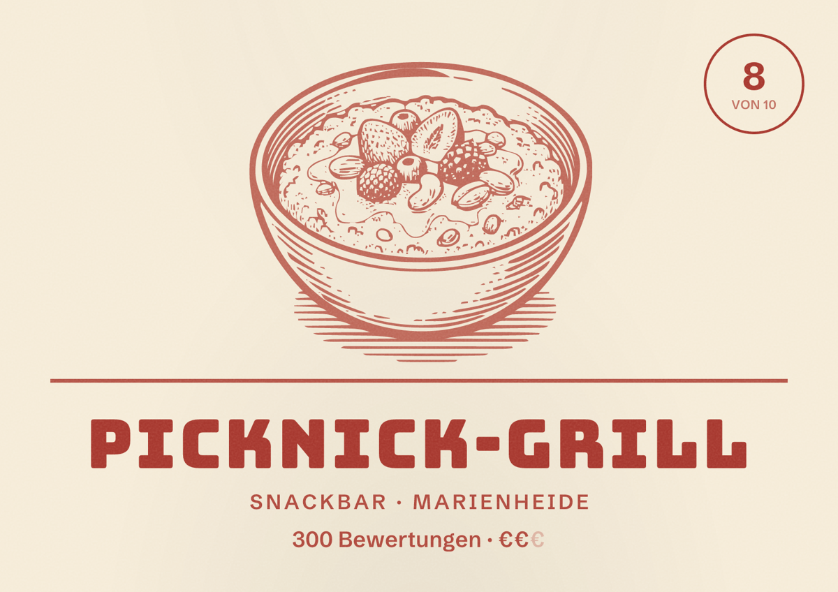 Illustriertes Poster von Picknick-Grill, Snackbar in Marienheide: Bewertung 8 von 10 aus 300 Bewertungen, Preisniveau €€