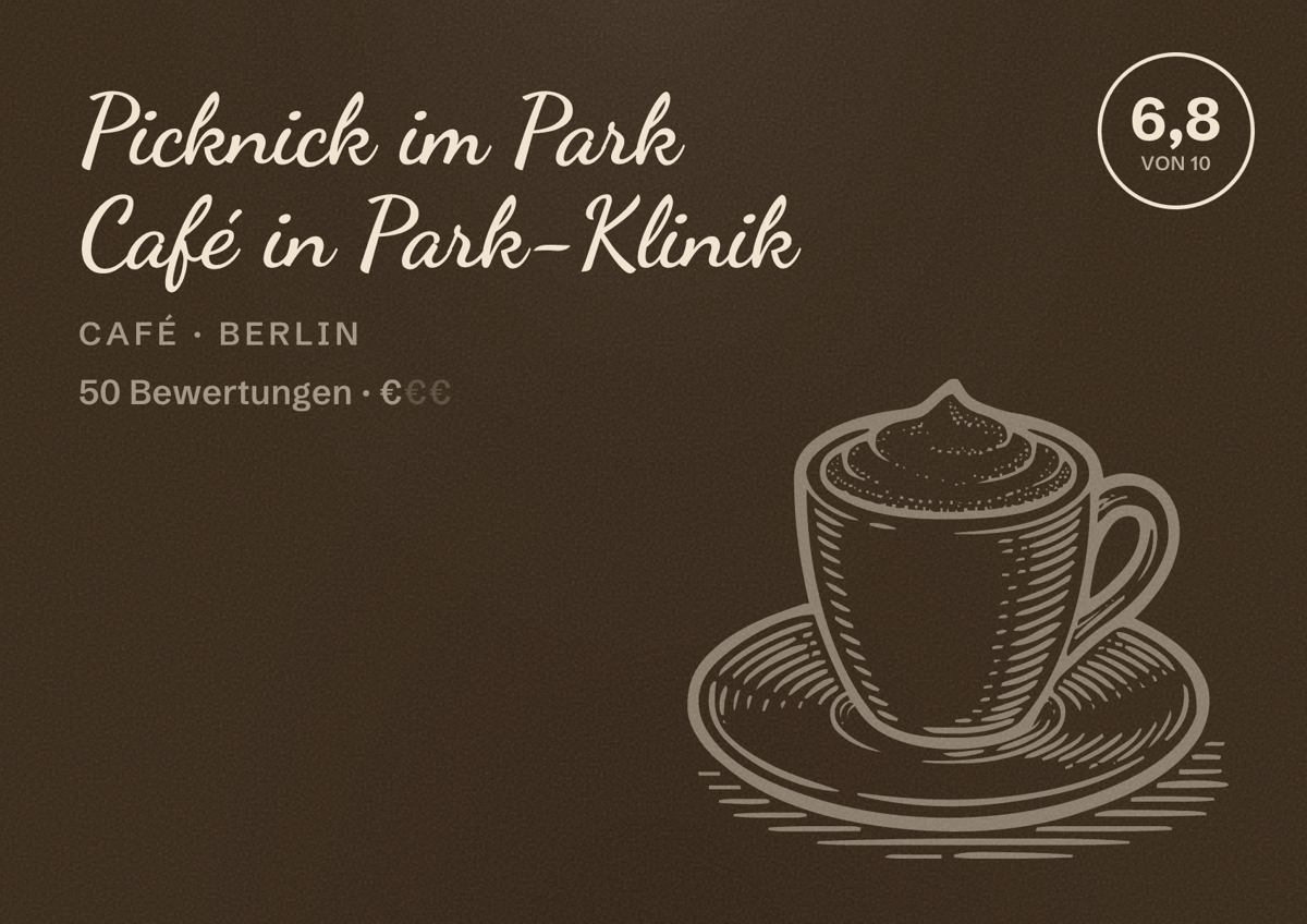 Illustriertes Poster von Picknick im Park Café in Park-Klinik, Café in Berlin: Bewertung 6,8 von 10 aus 50 Bewertungen, Preisniveau €