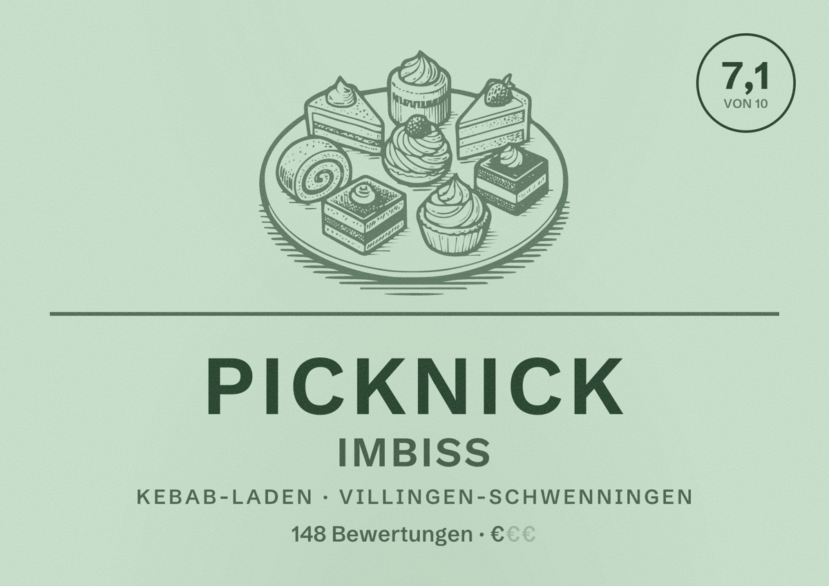 Illustriertes Poster von Picknick Imbiss, Kebab-Laden in Villingen-Schwenningen: Bewertung 7,1 von 10 aus 148 Bewertungen, Preisniveau €