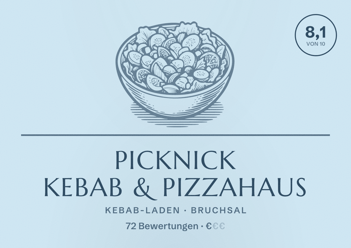 Illustriertes Poster von Picknick Kebab & Pizzahaus, Kebab-Laden in Bruchsal: Bewertung 8,1 von 10 aus 72 Bewertungen, Preisniveau €