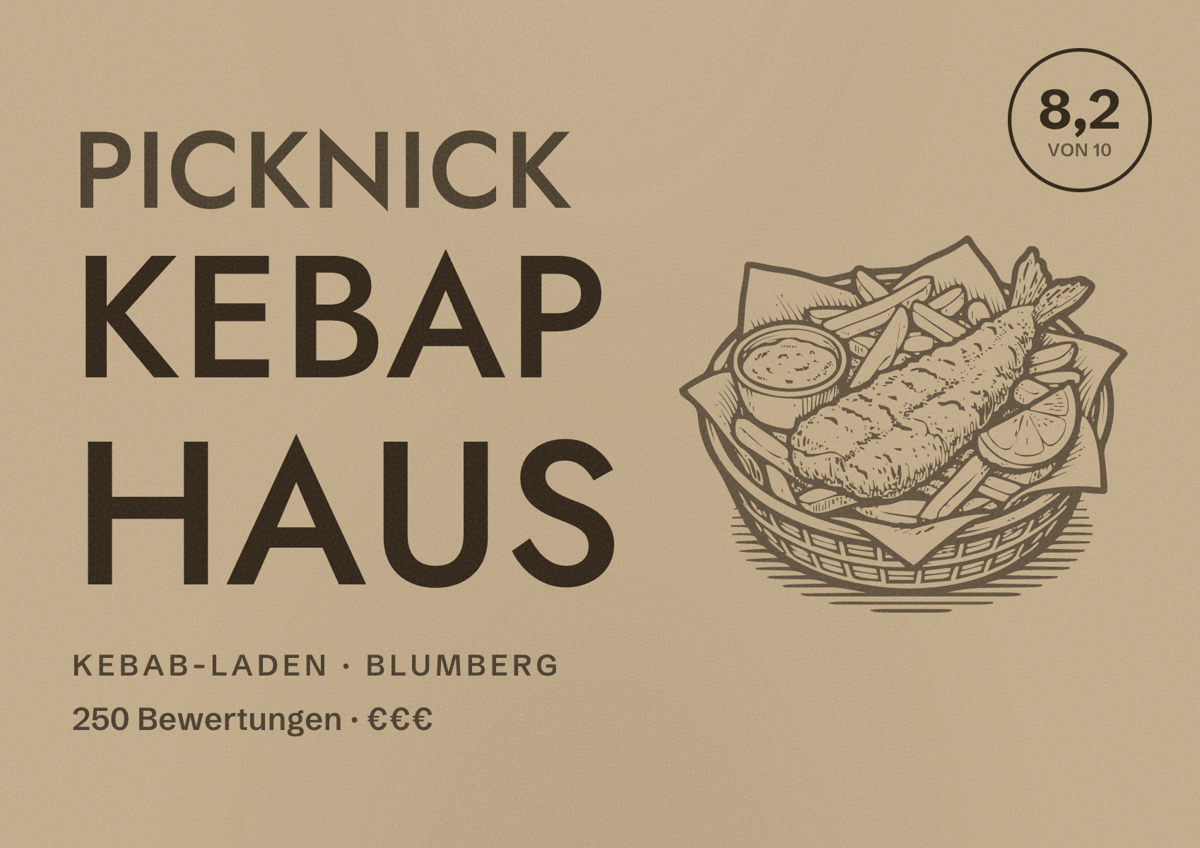 Illustriertes Poster von Picknick Kebap Haus, Kebab-Laden in Blumberg: Bewertung 8,2 von 10 aus 250 Bewertungen, Preisniveau €€€