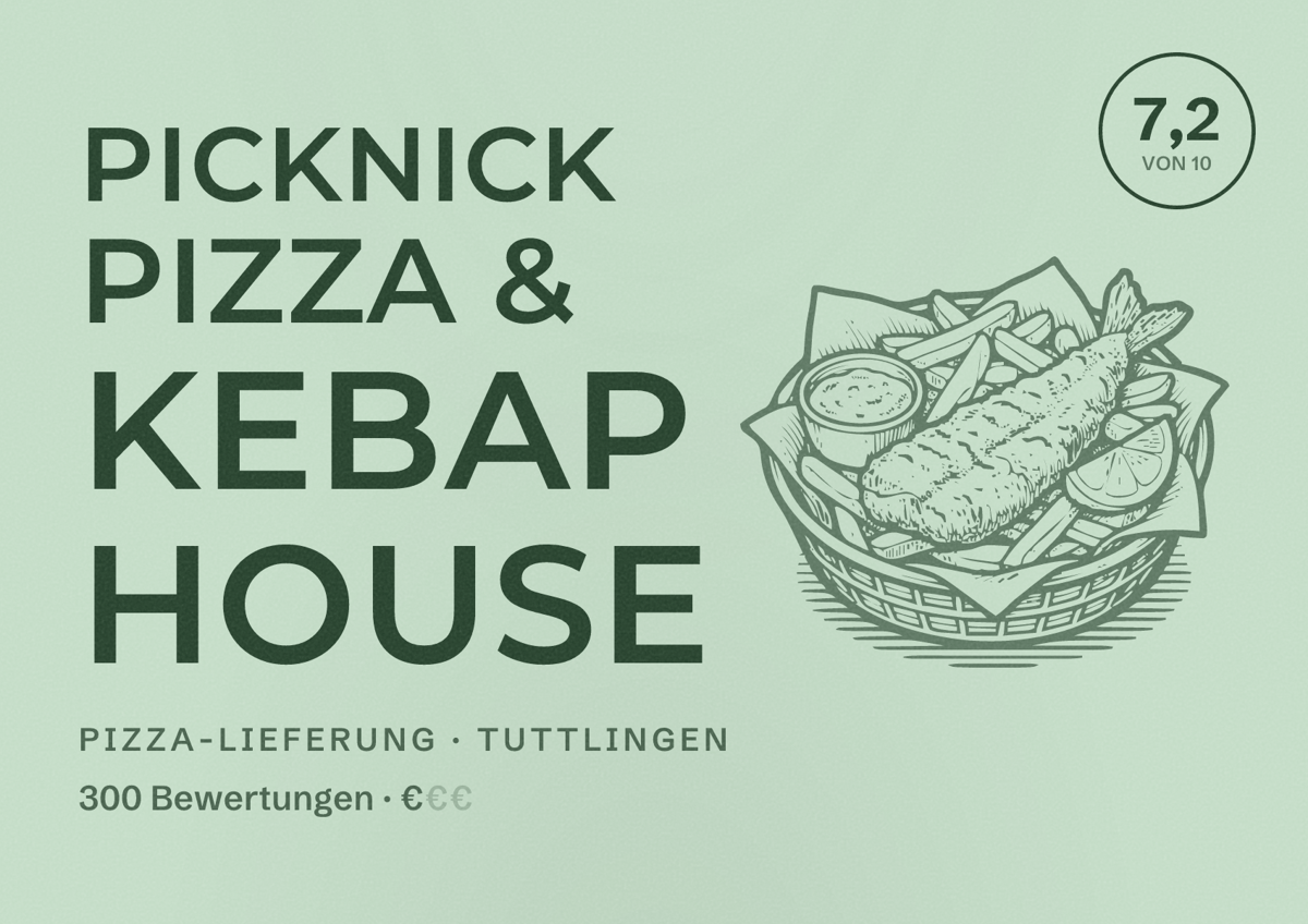 Illustriertes Poster von Picknick Pizza & Kebap House, Pizza-Lieferung in Tuttlingen: Bewertung 7,2 von 10 aus 300 Bewertungen, Preisniveau €