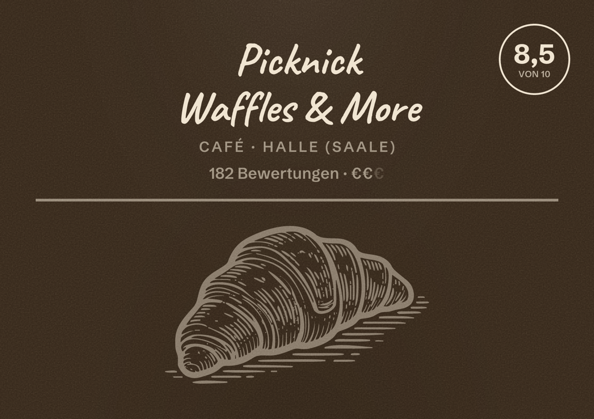 Illustriertes Poster von Picknick Waffles & More, Café in Halle (Saale): Bewertung 8,5 von 10 aus 182 Bewertungen, Preisniveau €€
