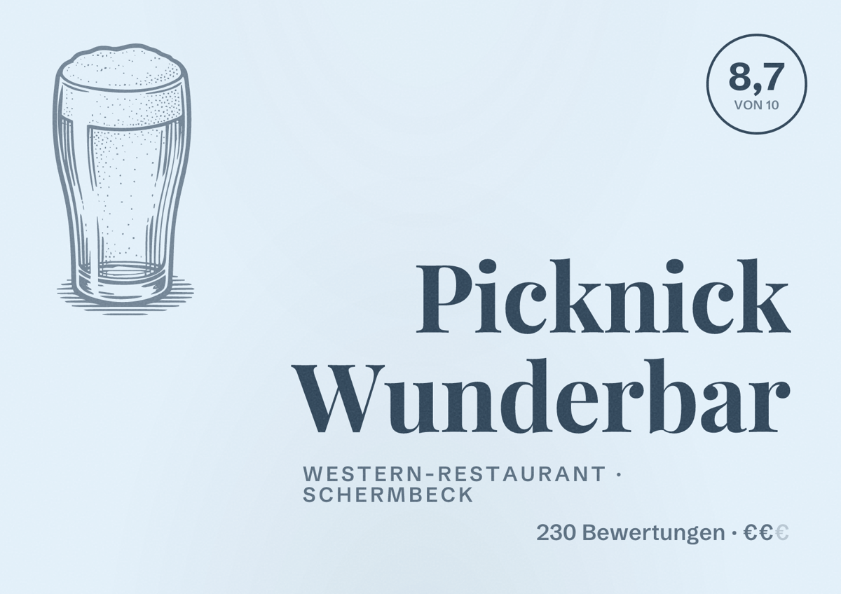 Illustriertes Poster von Picknick Wunderbar, Western-Restaurant in Schermbeck: Bewertung 8,7 von 10 aus 230 Bewertungen, Preisniveau €€