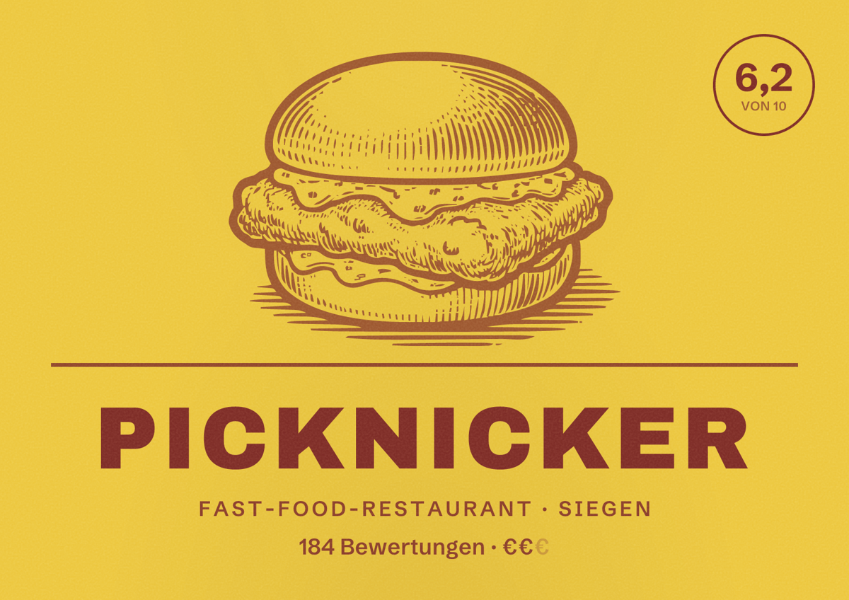 Illustriertes Poster von Picknicker, Fast-Food-Restaurant in Siegen: Bewertung 6,2 von 10 aus 184 Bewertungen, Preisniveau €€
