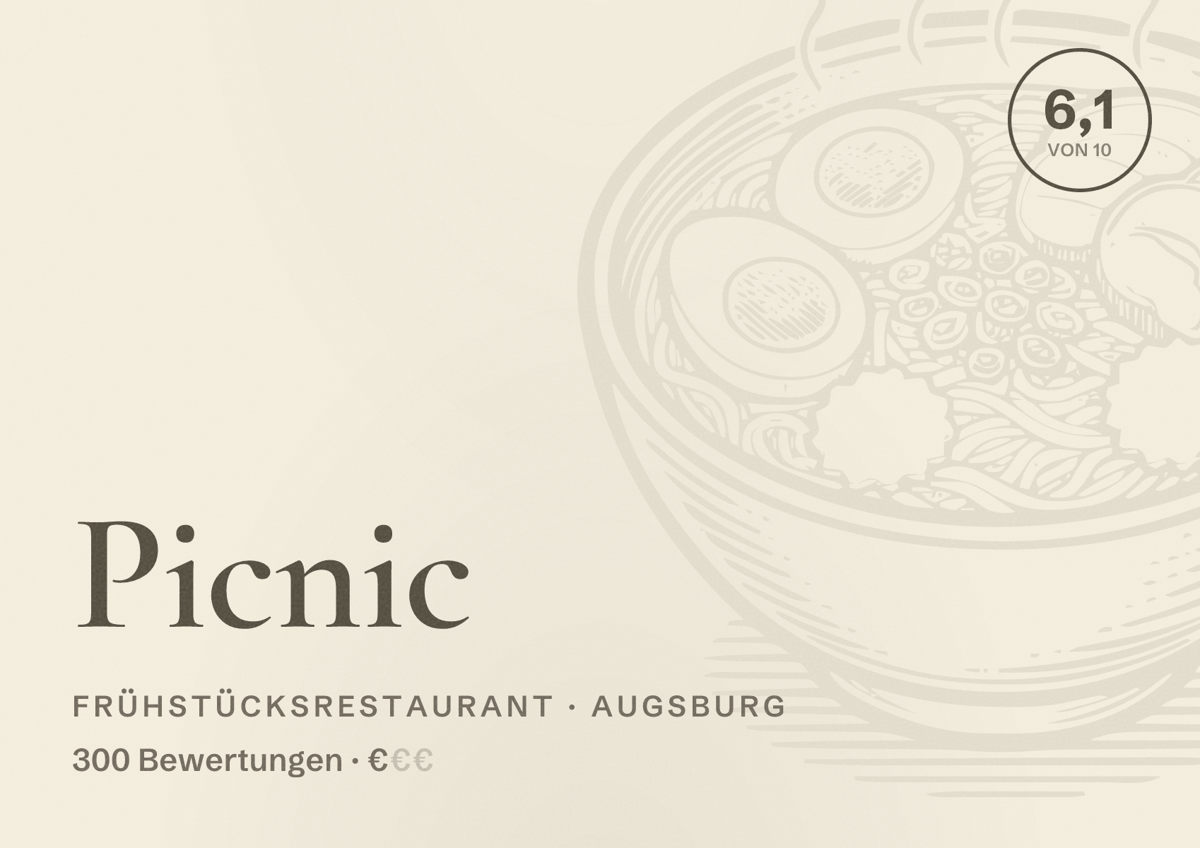 Illustriertes Poster von Picnic, Frühstücksrestaurant in Augsburg: Bewertung 6,1 von 10 aus 300 Bewertungen, Preisniveau €