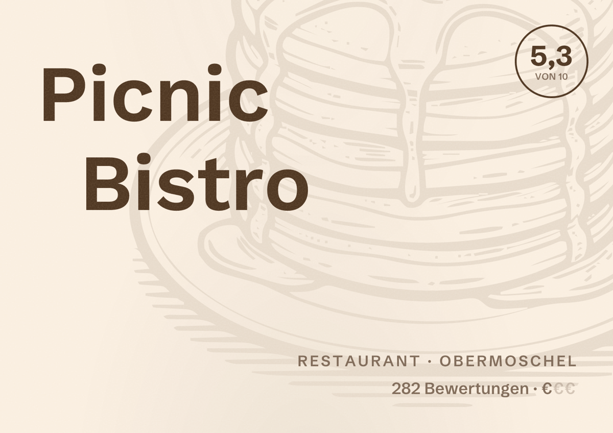 Illustriertes Poster von Picnic Bistro, Restaurant in Obermoschel: Bewertung 5,3 von 10 aus 282 Bewertungen, Preisniveau €