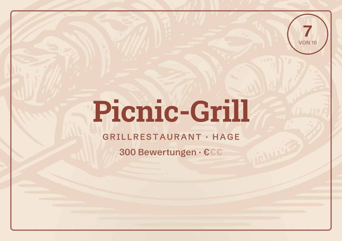 Illustriertes Poster von Picnic-Grill, Grillrestaurant in Hage: Bewertung 7 von 10 aus 300 Bewertungen, Preisniveau €