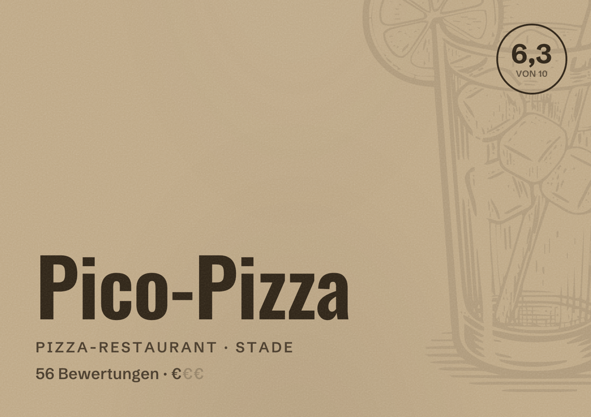 Illustriertes Poster von Pico-Pizza, Pizza-Restaurant in Stade: Bewertung 6,3 von 10 aus 56 Bewertungen, Preisniveau €