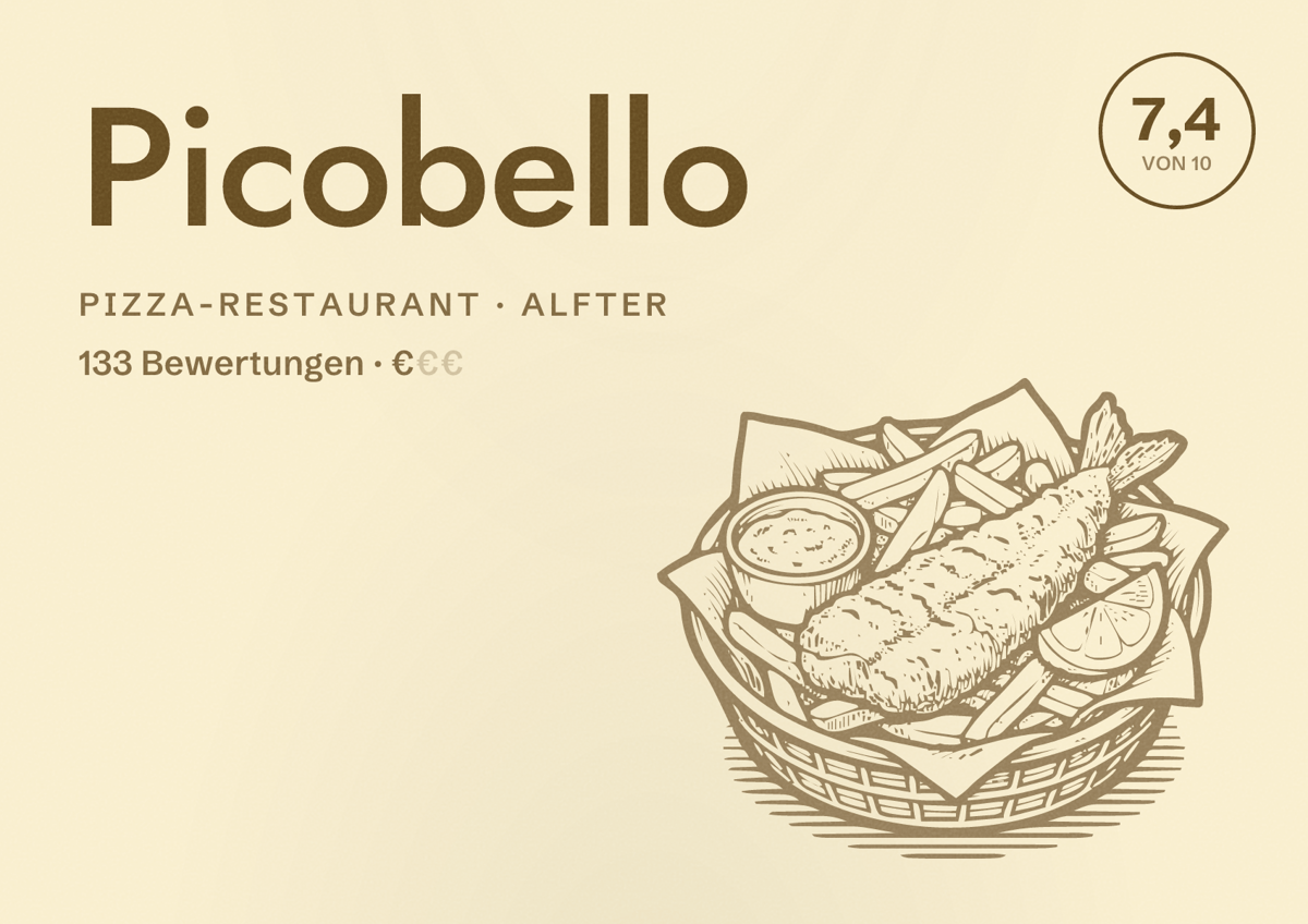 Illustriertes Poster von Picobello, Pizza-Restaurant in Alfter: Bewertung 7,4 von 10 aus 133 Bewertungen, Preisniveau €