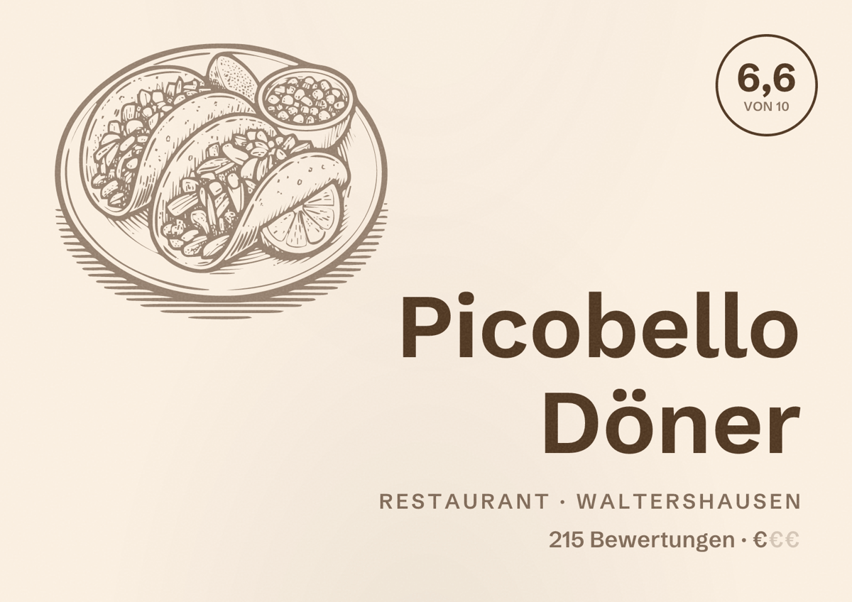 Illustriertes Poster von Picobello Döner, Restaurant in Waltershausen: Bewertung 6,6 von 10 aus 215 Bewertungen, Preisniveau €