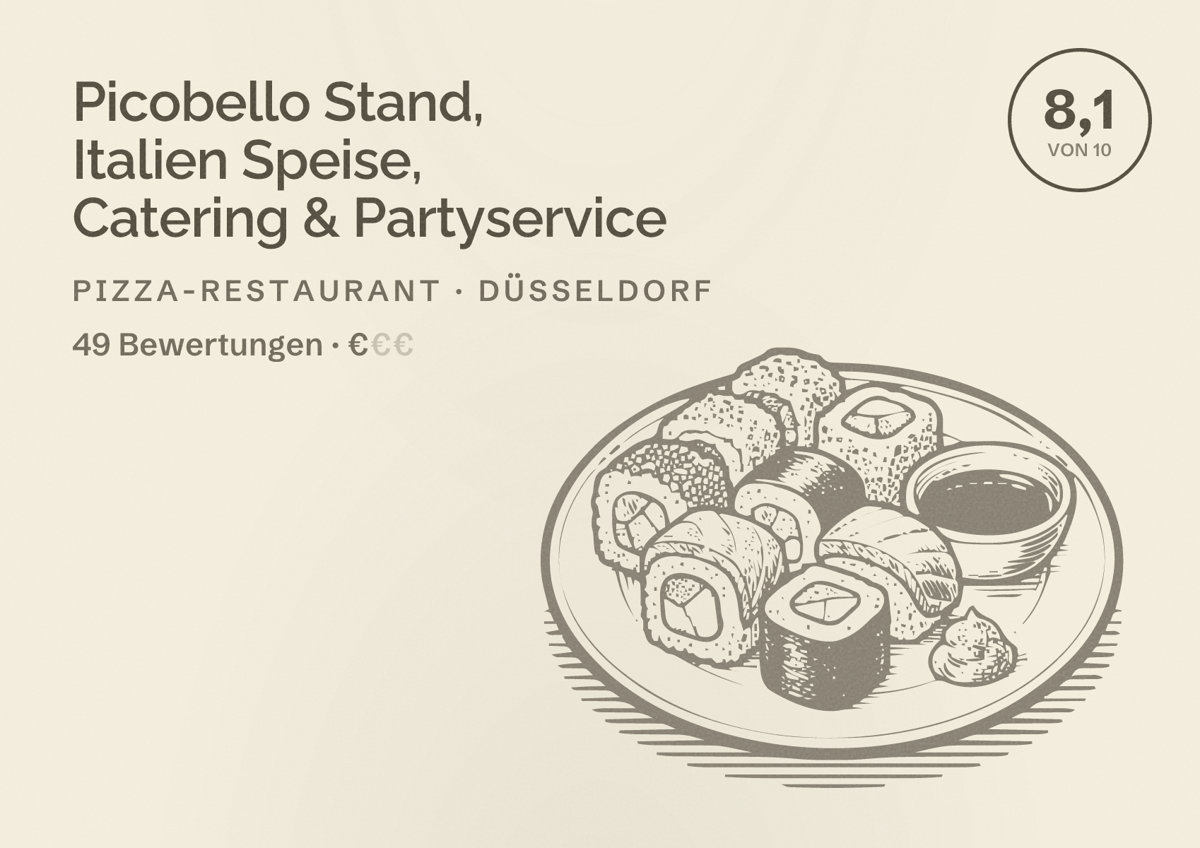 Illustriertes Poster von Picobello Stand, Italien Speise, Catering & Partyservice, Pizza-Restaurant in Düsseldorf: Bewertung 8,1 von 10 aus 49 Bewertungen, Preisniveau €