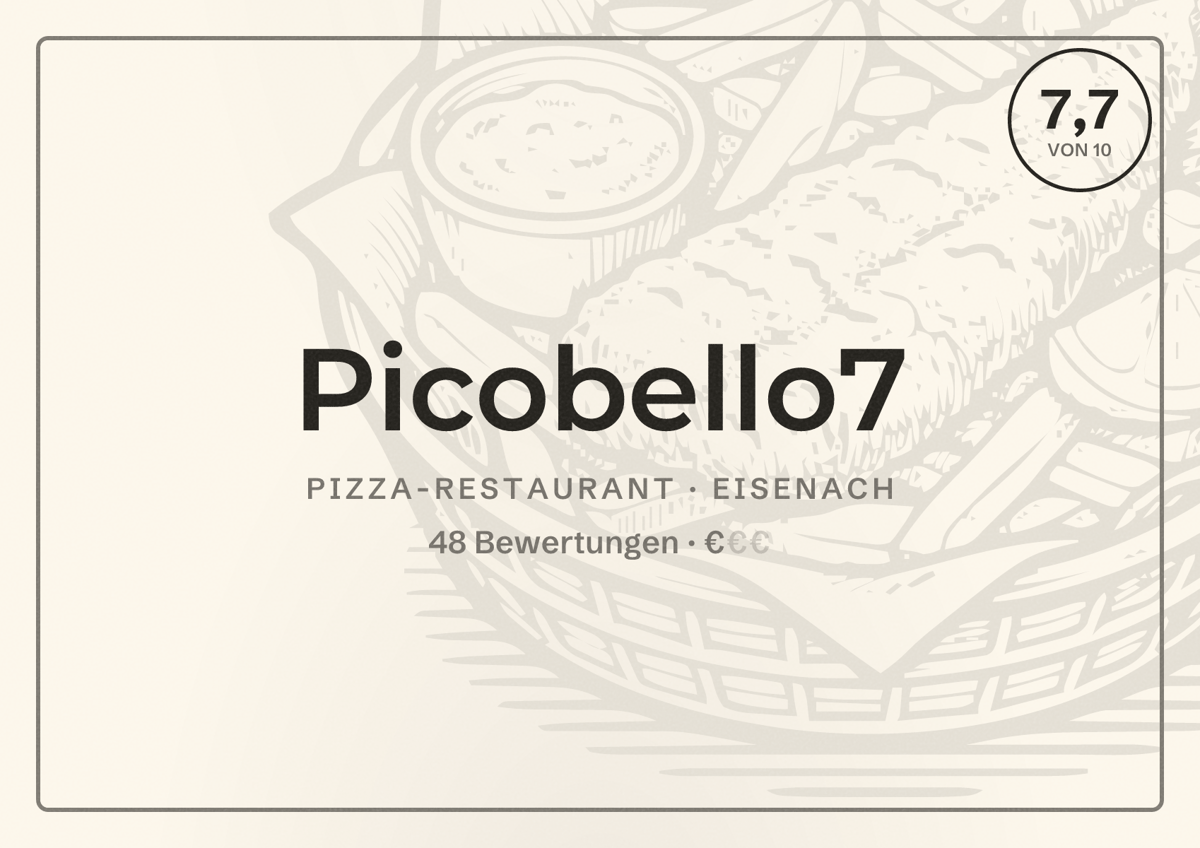 Illustriertes Poster von Picobello7, Pizza-Restaurant in Eisenach: Bewertung 7,7 von 10 aus 48 Bewertungen, Preisniveau €