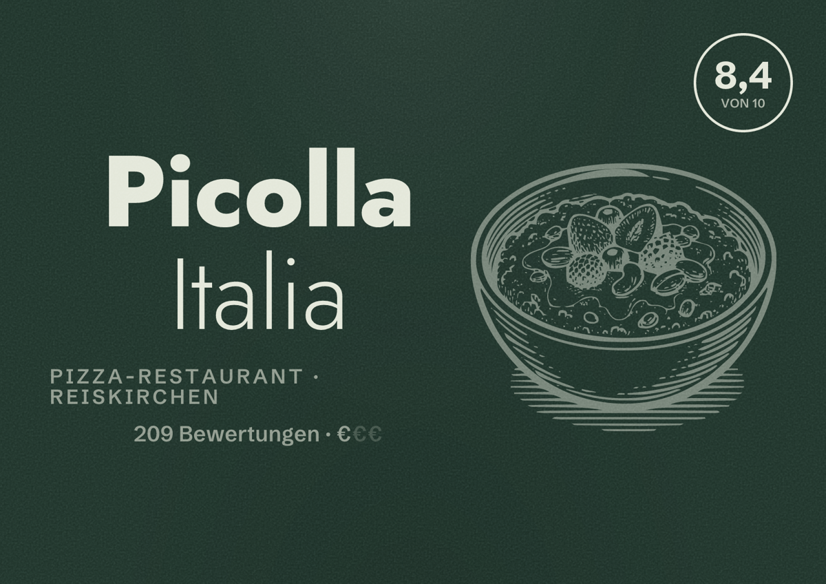 Illustriertes Poster von Picolla Italia, Pizza-Restaurant in Reiskirchen: Bewertung 8,4 von 10 aus 209 Bewertungen, Preisniveau €