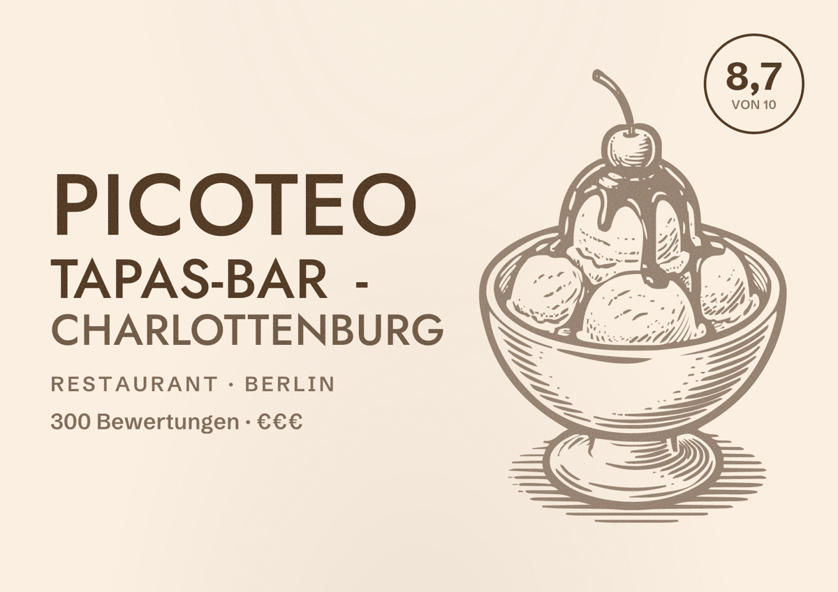Illustriertes Poster von Picoteo Tapas-Bar - Charlottenburg, Restaurant in Berlin: Bewertung 8,7 von 10 aus 300 Bewertungen, Preisniveau €€€